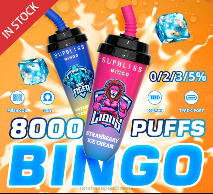 RandM Vape Erfahrung | RandM Supbliss Bingo 00P2256 8000 Vape-Pod-Gerät 1 Stk Erdbeereis